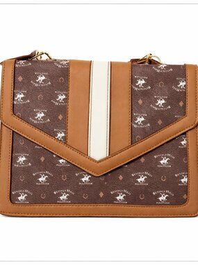 Beverly Hills Polo Club Brown Monogram Crossbody Bag with Tan & Cream Stripe